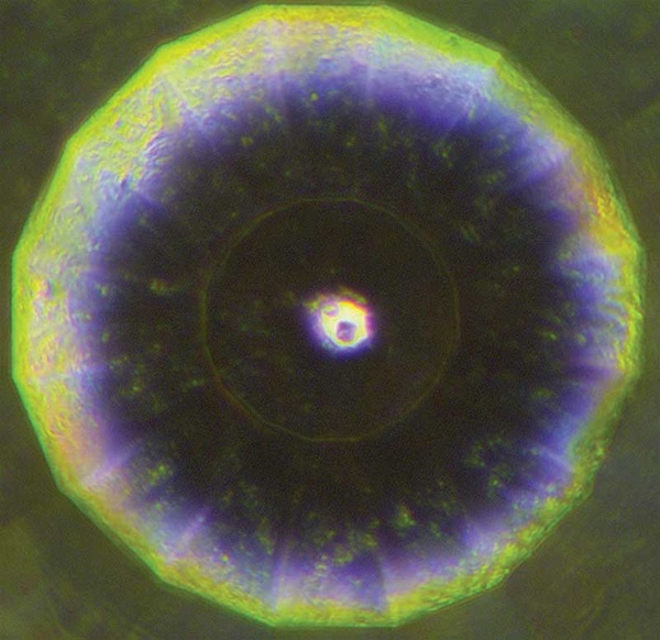 The interior of a diamond anvil cell, above, which is commonly used to produce superconducting materials under high pressure 
