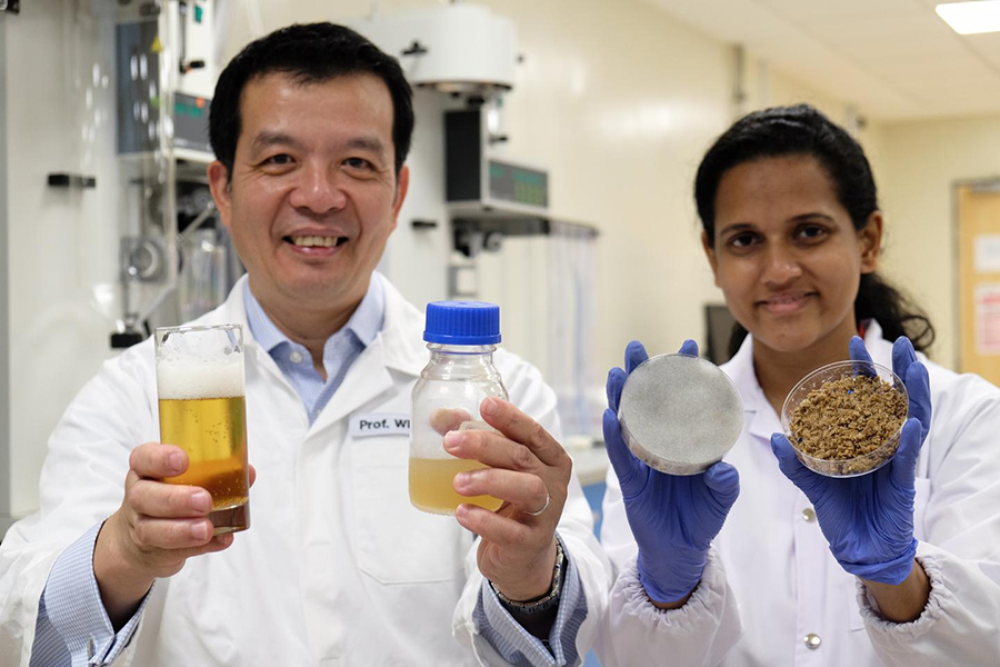 Prof William Chen (left) and PhD student Ms Sachindra Cooray developed the new process to turn spent beer grains into a valuable liquid used to grow yeast. The items they are holding (right to left) are the brewer's spent beer grains, the fermented spent beer grains, which are made into a fermented liquid used to grow yeast, and beer.