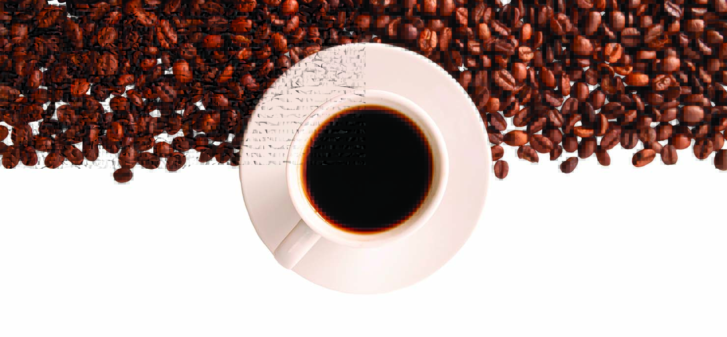 Coffee cup surrounded by coffee beans