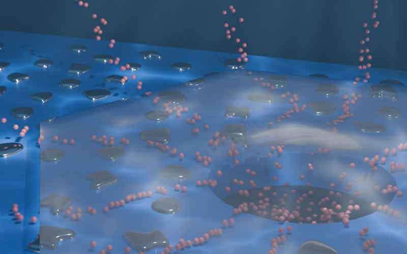 Illustration of potassium ions migrating through the channels between palladium islands to congregate at the hole in a silicon nitride membrane.