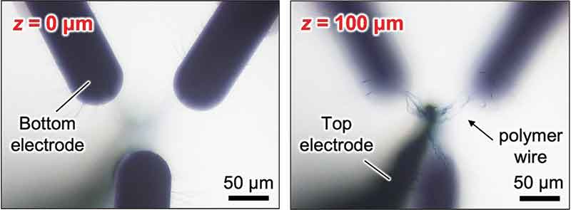 Optical microscopy images of polymer wires forming between a top electrode and three bottom electrodes.